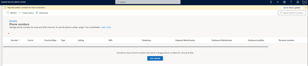 Copilot Service admin center Phone numbers page (Get started)