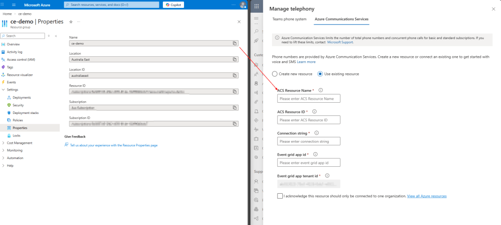 Connect to Azure Communication Services – existing resource
